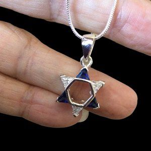 Star of David with Dark Blue Sapphire & Cubic Zircons Necklace